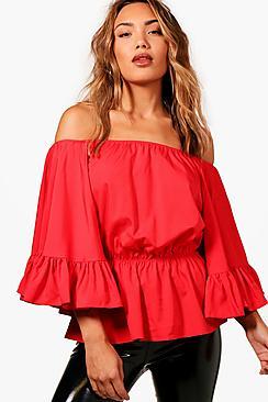 Boohoo Anna Off The Shoulder Ruffle Sleeve Top