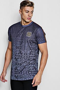 Boohoo Baroque Print Longline Curved Hem Tee With Tape