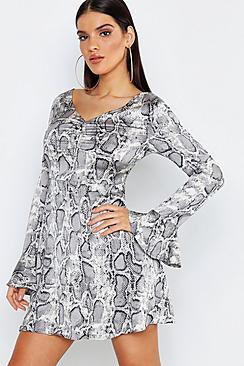 Boohoo Satin Snake Print Long Flared Sleeve Skater Dress