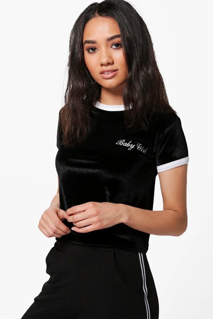 Boohoo Petite Sara Velvet Slogan Ringer Tee Black