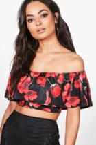 Boohoo Freya Floral Ruffle Off The Shoulder Crop Black