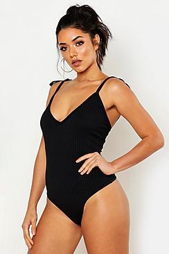 Boohoo Jumbo Rib Tie Strap Plunge Body