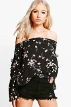 Boohoo Felicity Floral Crepe Off The Shoulder Tie Sleeve Top Black