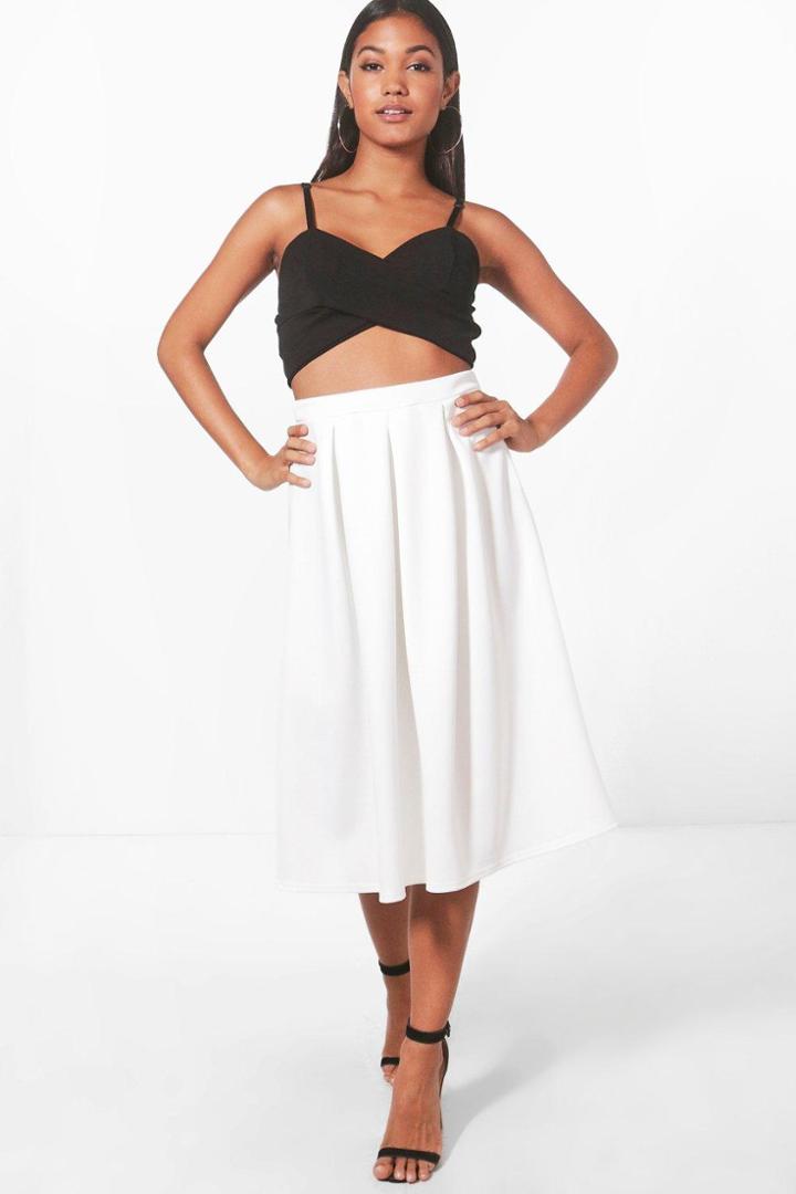 Boohoo Beau Box Pleat Midi Skater Skirt Ivory