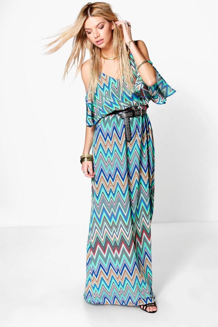 Boohoo Melinda Zig-zag Cold Shoulder Maxi Dress Green