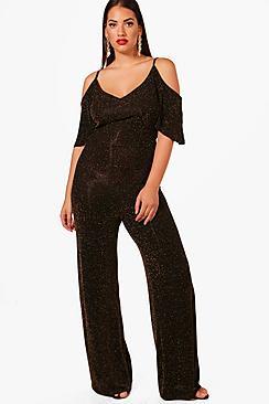 Boohoo Plus Eva Metallic Cold Shoulder Wide Leg Jumpsuit