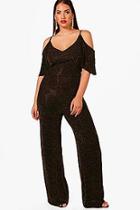 Boohoo Plus Eva Metallic Cold Shoulder Wide Leg Jumpsuit