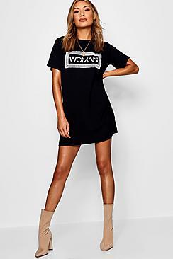 Boohoo Katy Woman Boxed Slogan T-shirt Dress