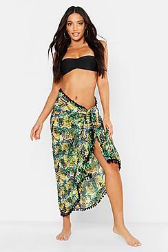 Boohoo Tropical Pom Pom Wrap Around Beach Sarong