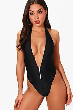 Boohoo Fira Low Cut Zip Swimsuit