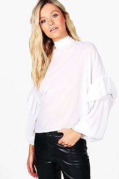 Boohoo Clara Ruffle Sleeve Tie Neck Blouse