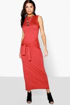 Boohoo Suzie Tie Waist Detail Maxi Dress Chestnut