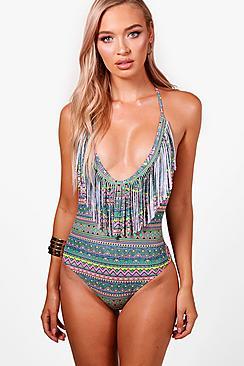 Boohoo Bodrum Aztec Fringe Swimsuit