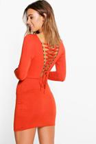 Boohoo Petite Cara Lace Up Back Detail Bodycon Dress Rust