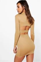 Boohoo Petite Katy Long Sleeve Turtle Neck Backless Strap Dress Camel