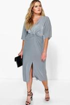 Boohoo Plus Esme Kimono Sleeve Wrap Front Midi Dress Grey