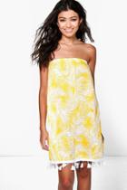 Boohoo Arabella Tropical Print Tassel Bandeau Dress Yellow