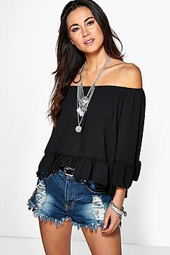 Boohoo Sasha Woven Off The Shoulder Frill Sleeve Top