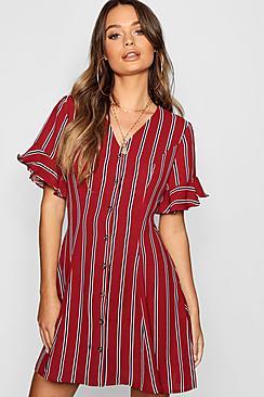 Boohoo Button Front Striped Flared Sleeve Shift Dress