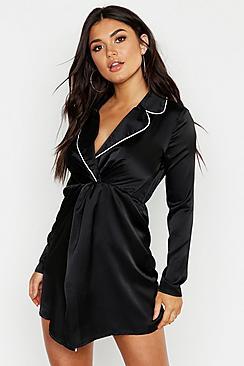 Boohoo Satin Twist Front Piping Detail Dress