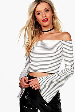 Boohoo Lucy Stripe Off The Shoulder Flare Sleeve Crop