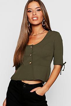 Boohoo Petite Mock Horn Button Peplum Blouse
