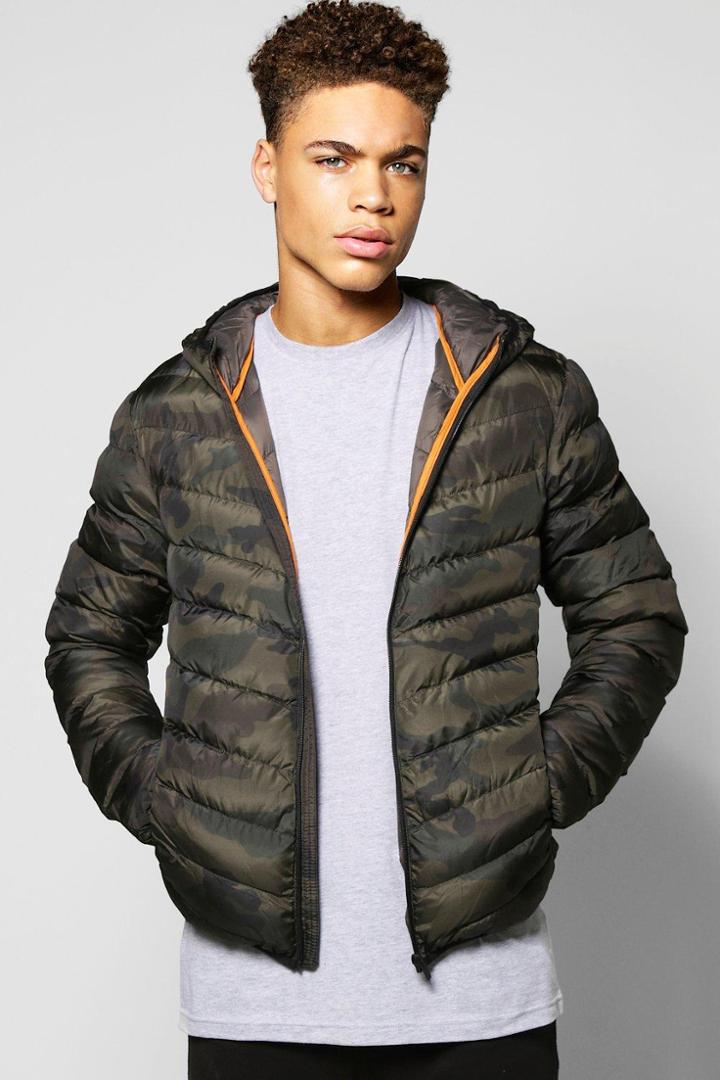 Boohoo Quilted Camo Jacket With Hood Camo