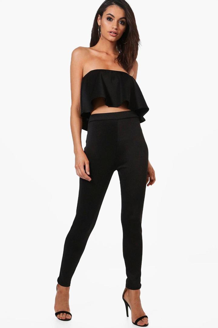 Boohoo Bella Frill Bandeau Crop & Skinny Trouser Co-ord Black
