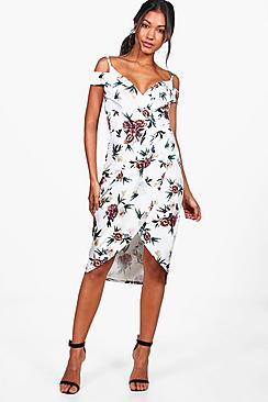 Boohoo Bethany Open Shoulder Floral Wrap Midi Dress
