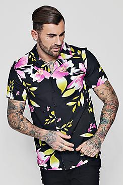 Boohoo Black Leaf Print Revere Shirt