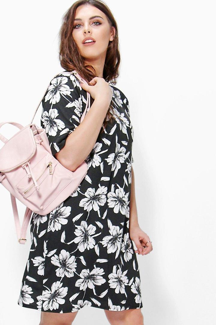 Boohoo Plus Leanna Floral Print Rib Detail Shift Dress Multi