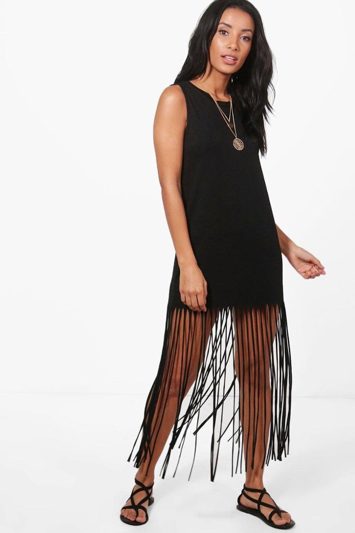 Boohoo Maisie Tassel Jersey Beach Dress Black