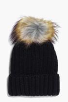 Boohoo Amy Rib Beanie Faux Fur Pom Black