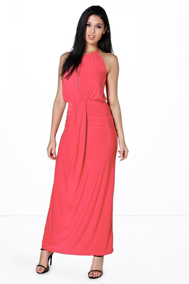 Boohoo Maya Halterneck Keyhole Rouched Maxi Dress Poppy