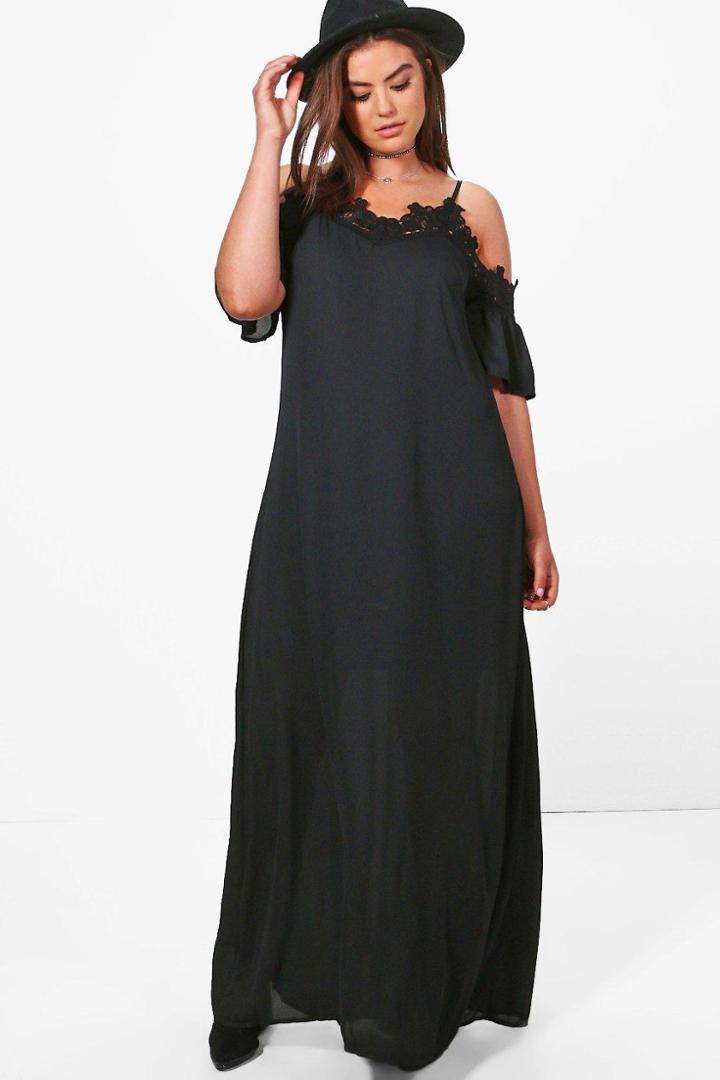 Boohoo Plus Charlotte Trim Detail Open Shoulder Maxi Dress Black