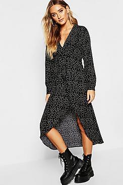 Boohoo Polka Dot Wrap Knot Front Midaxi Shirt Dress