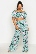 Boohoo Plus Palm Print Off Shoulder Top And Trouser Co-ord