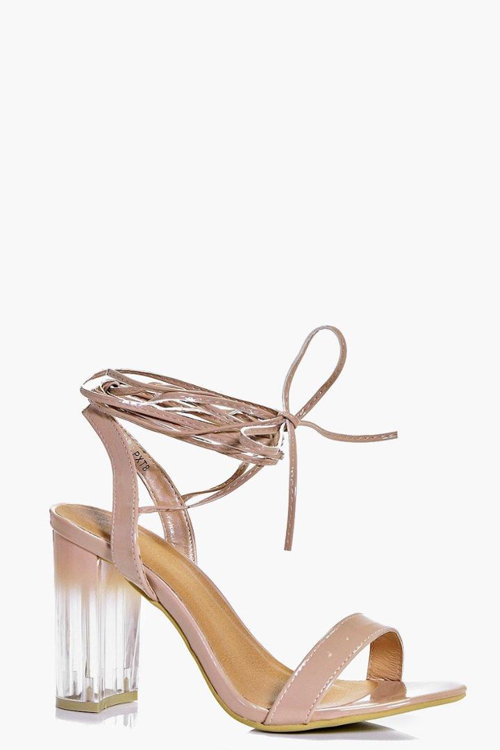 Boohoo Tilly Wrap Strap Clear Block Heels Mocha