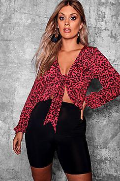 Boohoo Plus Animal Tie Front Slinky Top