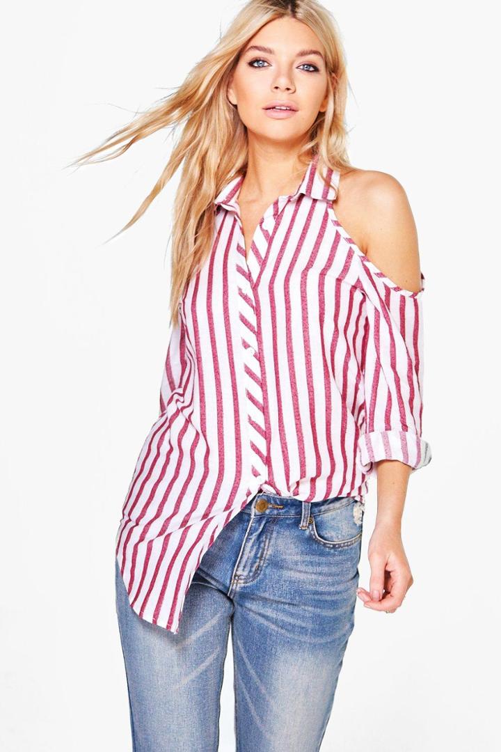 Boohoo Lorna Cold Shoulder Striped Shirt Wine