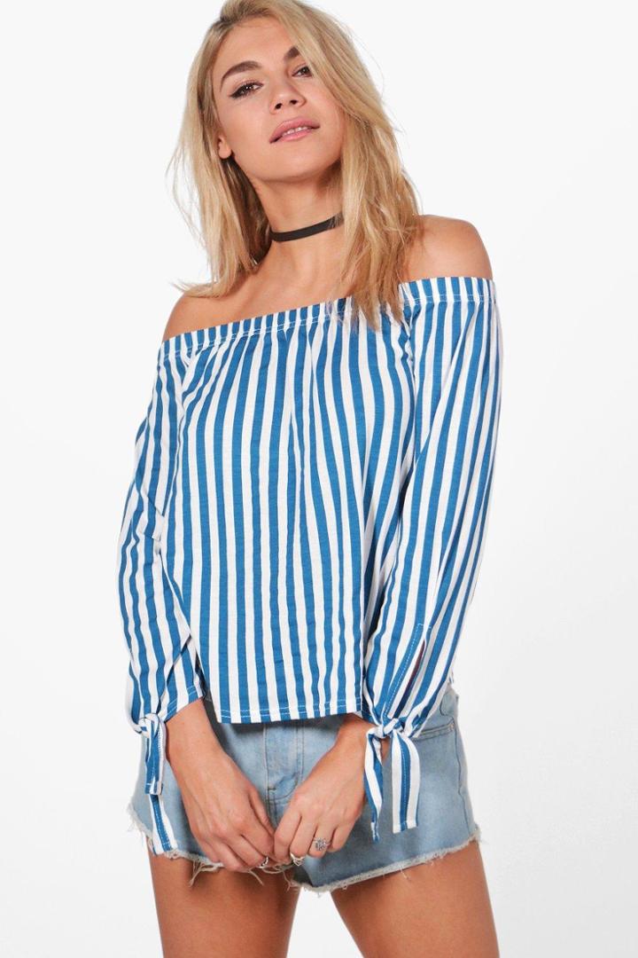 Boohoo Julia Tie Bardot Stripe Top Multi