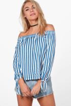 Boohoo Julia Tie Bardot Stripe Top Multi