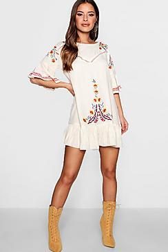 Boohoo Petite Embroidered Flare Sleeve Smock Dress