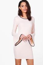 Boohoo Emily Flare Sleeve Dress With Tipping Nude