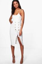 Boohoo Ita Strappy Eyelet Lace Up Midi Dress Ivory