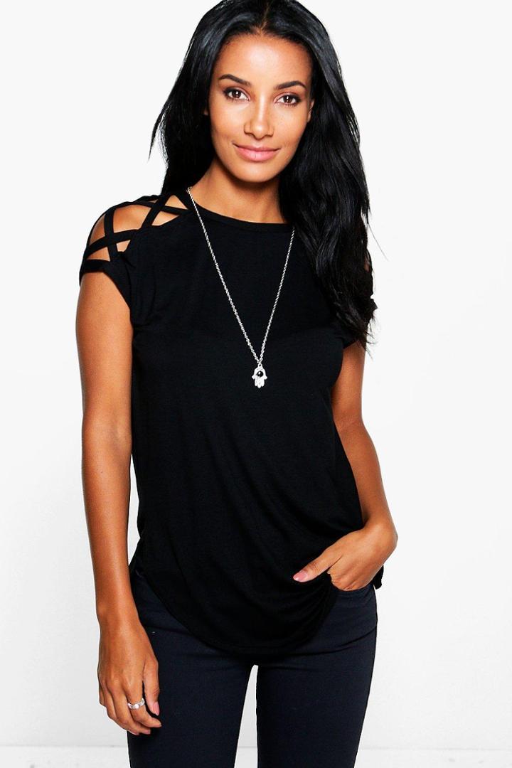 Boohoo Megan Strappy Shoulder Detail T-shirt Black