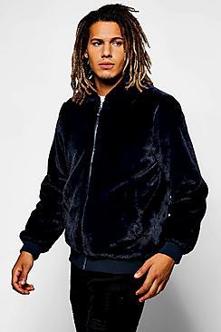 Boohoo Navy Faux Fur Zip Through Harrington Jacket