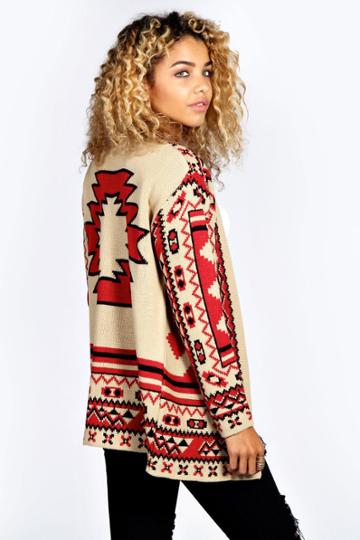 Boohoo Ally All Over Aztec Print Cardigan - Red