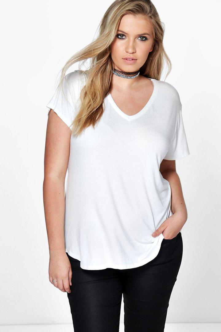 Boohoo Plus Claire V Neck Foil Print Tee Cream