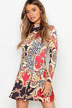 Boohoo Mix Print High Neck Skater Dress